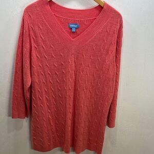 Avenue Light Weight Soft Cable Knit Vibrant Coral V-Neck Classic Sweater 18 / 20